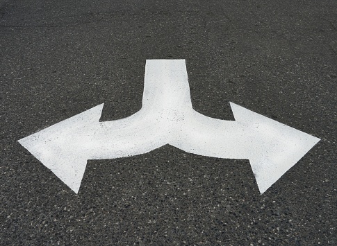 White traffic sign on gray asphalt.  Turn left or right.