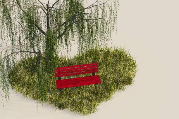 Red bench under a willow tree on a lawn heart