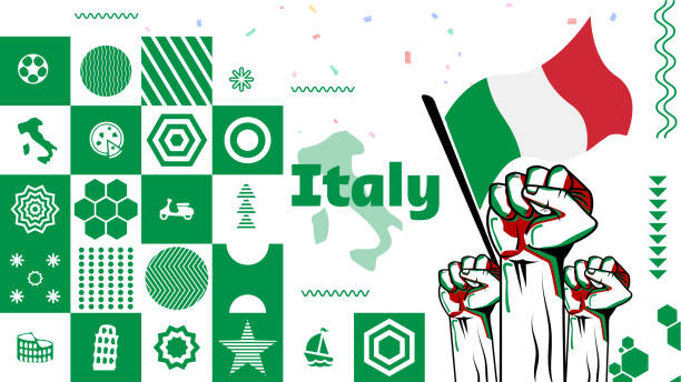 Italy's national day banner with Italia flag colors theme background and geometric abstract retro modern green red white design. Italian people. Sports Games Supporters Vector Illustration. Italy's national day banner with Italia flag colors theme background and geometric abstract retro modern green red white design. Italian people. Sports Games Supporters Vector Illustration. italie stock illustrations