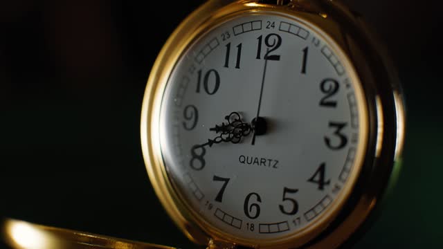 Close up of an old worn gold pocket watch. Vintage watch Time lapse.