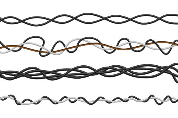 와이어 라인. 유연한 케이블 테두리. 3d 전기 로프. 플라스틱 현실적인 호스. 얽힌 에너지 코드. 동축 절연. 얽힌 전기 전도체 세트. 벡터 원활한 완전 배선 - coaxial cable stock illustrations