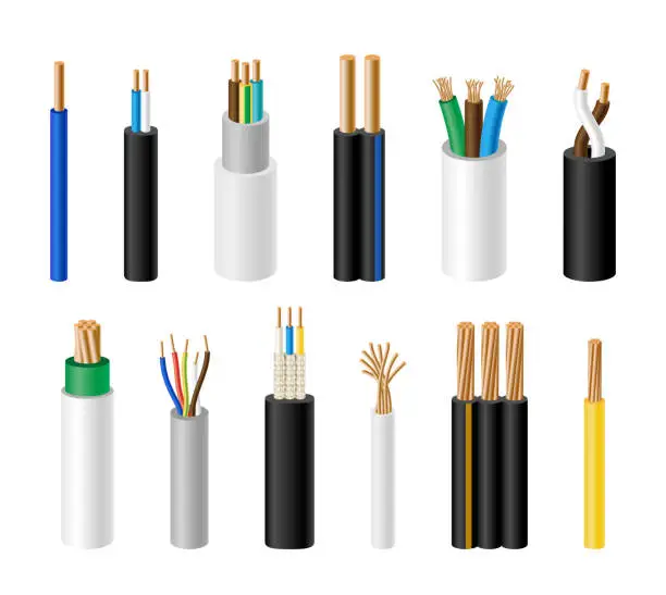 Vector illustration of Electric short wires. Circuit cable with rubber insulation. Industrial metal conductor fiber. Technology power connection. Energy communication. Electrical supply. Vector flat utter set