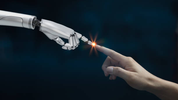 mano dedo humano toque cyborg robot blanco renderizado 3d. - biomecánica fotografías e imágenes de stock