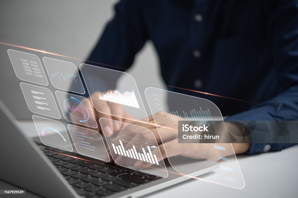 Business intelligence key performance indicators KPI and Business intelligence, or BI, is a strategy , financial and investment marketing , diagram statistic big data. Journalism Stock Photo