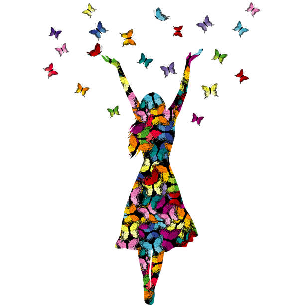 istock Woman enjoying life with raised arms and colored butterflies flying around her 1467930228