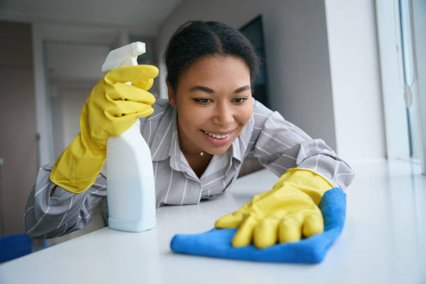 istock Happy african american female cleaning surface with rag 1467930922