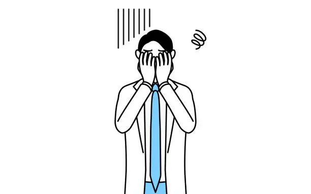 Vector illustration of A man doctor in white coats covering his face in depression.