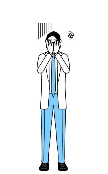 Vector illustration of A man doctor in white coats covering his face in depression.