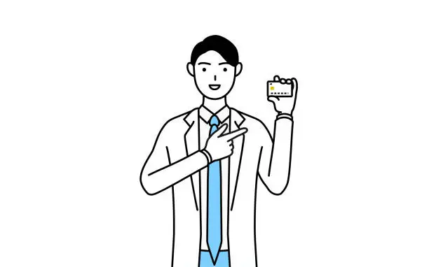 Vector illustration of A man doctor in white coats recommending credit card payment.