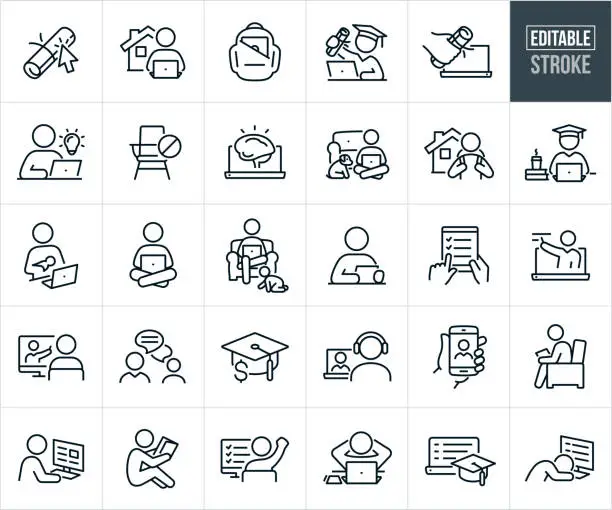 Vector illustration of E-Learning, Online And Distance Learning Between Students, Professors And Teachers Thin Line Icons - Editable Stroke