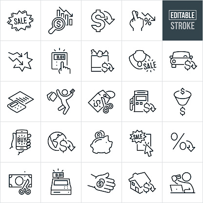 A set of icons showing price drops, sales and affordability concepts. They include editable strokes or outlines using the EPS vector file. The icons include a sale sign, lowering of prices, affordability, lowering price, dropping interest rates, calculator, food prices going down, retail sale, car prices dropping, shopper jumping for joy holding shopping bags because of good sale, price tag being cut by a pair of scissors, gas prices dropping, value, online purchase from mobile phone, global prices, money saving in piggy bank, online sale, lowering interest rates, dollar being cut by scissors, cash register showing good deal, hand holding out coins, affordable housing, person holding credit card shopping online while on computer.