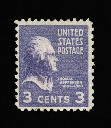 This purple 3-cent postage stamp was released in 1938. The Presidential Series features an image of Thomas Jefferson (1743-1826).