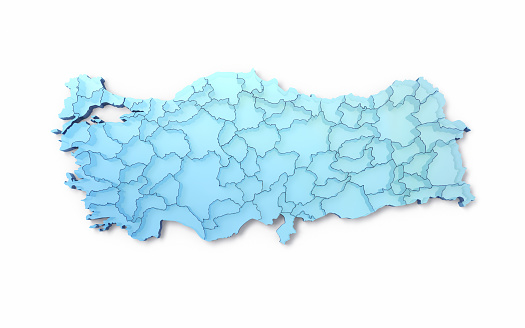 3d Render Turkey World State Border Map, Blue Glass Texture, Object + Object Shadow Clipping Path (isolated on white)