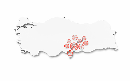 3d Render Turkey Earthquake Map, World State Boundary Map, Plain White Mocap, 6 February 2023 Kahramanmaraş, Hatay,Gaziantep,iskenderun, Malatya Object + Shadow Clipping Path (isolated on white)