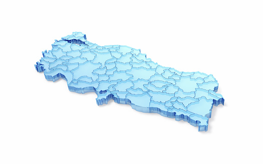 3d Render Turkey World State Border Map, Blue Glass Texture, Object + Object Shadow Clipping Path (isolated on white)