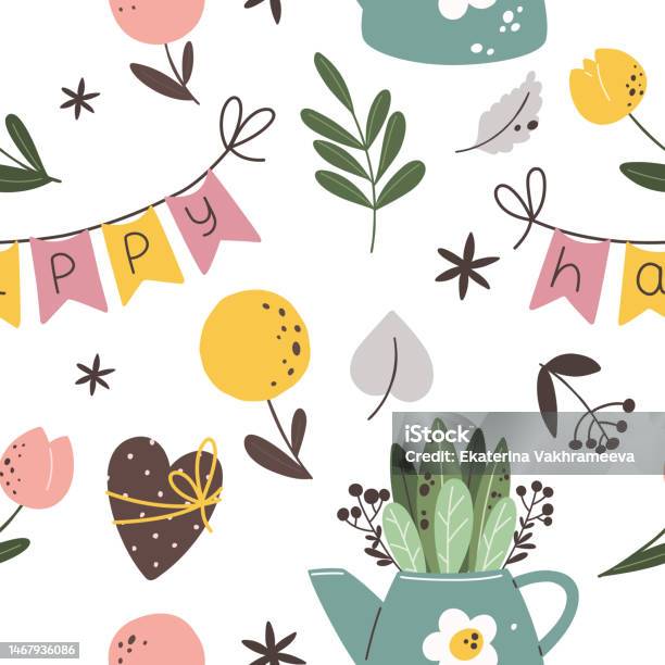 Seamless Spring Pattern From Botanical Elements Vector Illustration ...