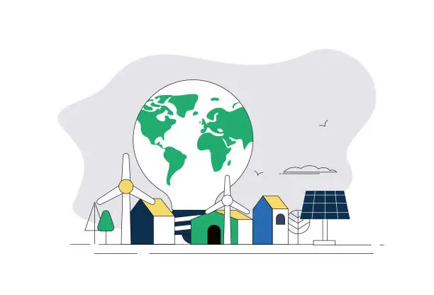 Vector illustration of Wind turbines, photovoltaic panels, electric lights, earth. Energy saving, new energy environment protection concept map.