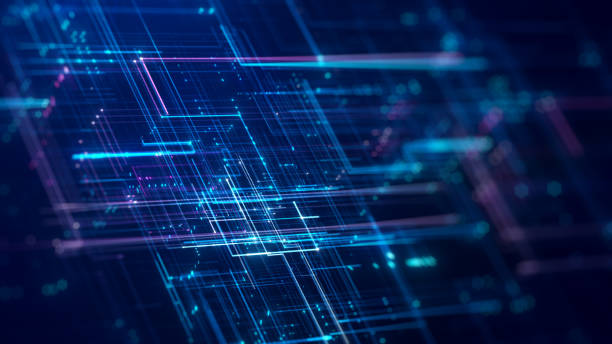 digital technology abstract concept small particles connected in multicolored lines with a perspective view on dark blue background. transmission of data in a fast internet network connection. - diagram computer network network server network security imagens e fotografias de stock