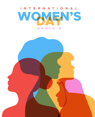 Women's day greeting card, diverse people profile silhouettes in transparent colors on isolated background. Different ethnicity woman face in minimalist style design for march 8 international womens event.