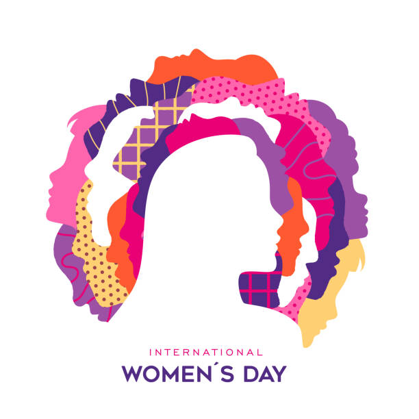 International Women's Day profile woman card design International Women's Day greeting card design. Diverse profiles of women in a circle. Flat design for feminism, sisterhood, empowerment and activism for women rights event concept. woman on colored background stock illustrations