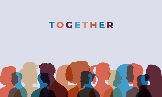 Together colorful quote illustration with diverse silhouette people faces in transparent color design. Ethnic character team flat cartoon for unity or community help concept.