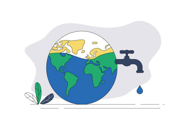 illustrazioni stock, clip art, cartoni animati e icone di tendenza di rubinetto, goccia d'acqua, globo. illustrazione del concetto di risparmio idrico e protezione ambientale. - scarcity