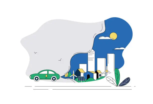 Vector illustration of Concept map of new energy vehicles and environmental and climate protection