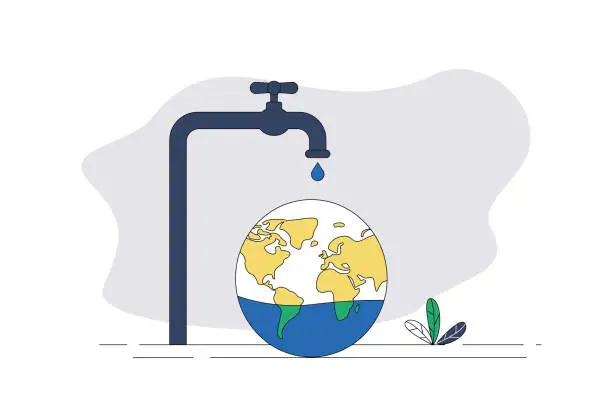 Vector illustration of Concept map of faucet, water drop, earth and water saving.