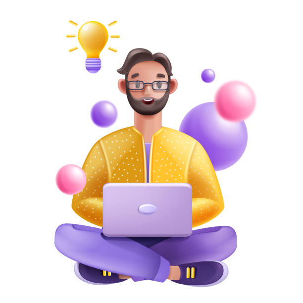 ilustrações, clipart, desenhos animados e ícones de homem 3d sentado com laptop, cara de personagem masculino dos desenhos animados, óculos, computador, pessoa de negócios vetorial. - computer programmer computer men cartoon