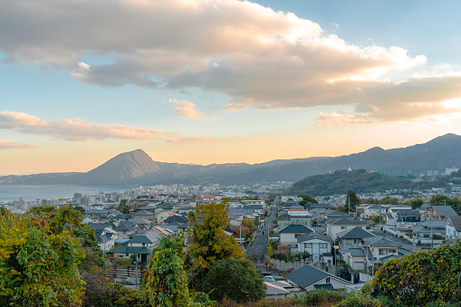 Sunset view of Beppu city and sea in Oita, Japan
