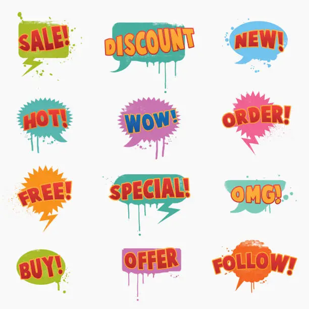 Vector illustration of Comic book style marketing grunge speech bubbles set