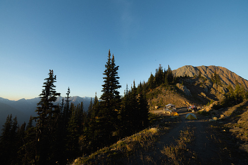 A scenic sunrise alpine campsite.
