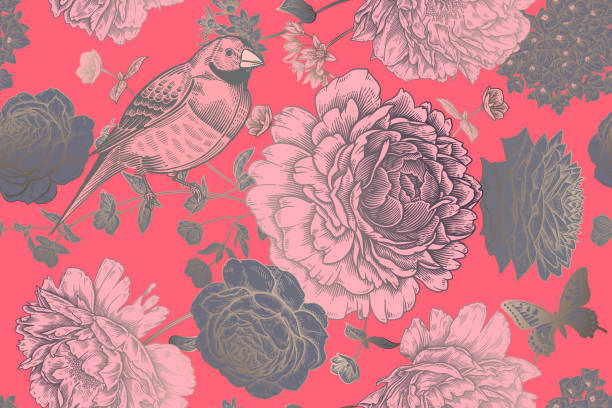 blühende blumen, vögel und schmetterlinge. blumensommer-hintergrund. - seamless flower paper rose stock-grafiken, -clipart, -cartoons und -symbole