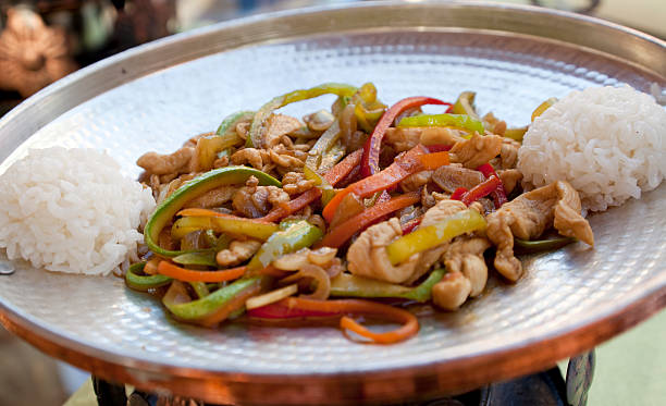 chinese chicken meal with rice stock photo