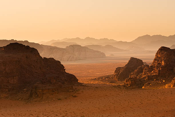 Receding mountains in sunset, Wadi Rum, Jordan. stock photo