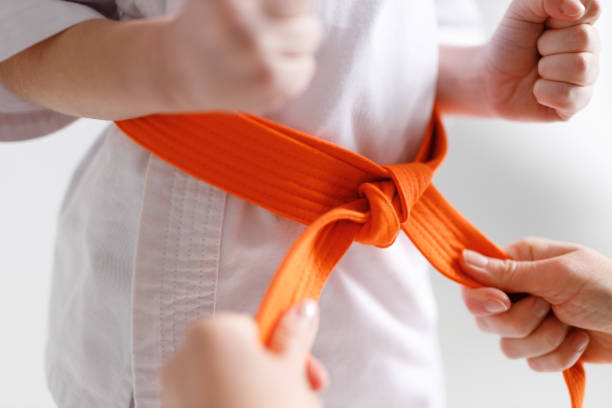 Close-up of multicoloured karate belts on red background