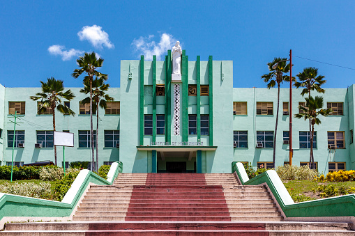 Facade of the Maternity hospital (Spanish: Hospital de Maternidad) in Santiago de Cuba, Cuba, Caribbean