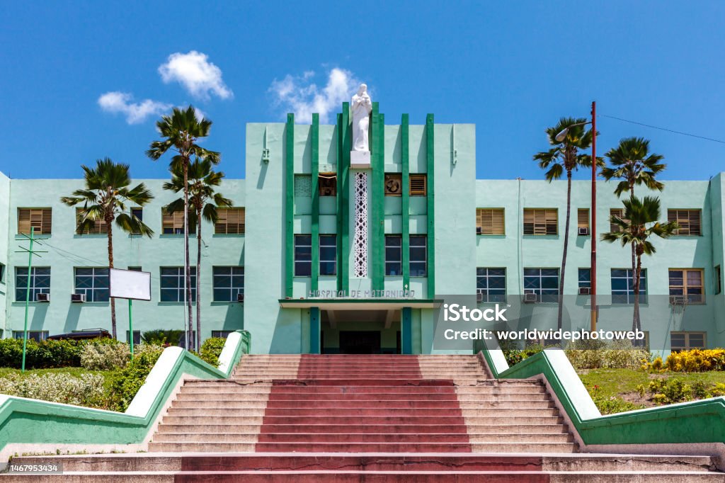 Facade of the Maternity hospital (Spanish: Hospital de Maternidad) in Santiago de Cuba, Cuba, Caribbean Architecture Stock Photo