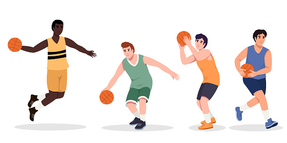 Basketball player. African American and white men playing, guys jumping with ball, muscular basketball players in different playing positions.