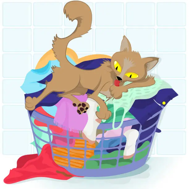 Vector illustration of a cat licking its paw on a laundry basket. pet. puss. siamese. Basket with linens, Laundry basket with dirty clothes. illustration in flat style.