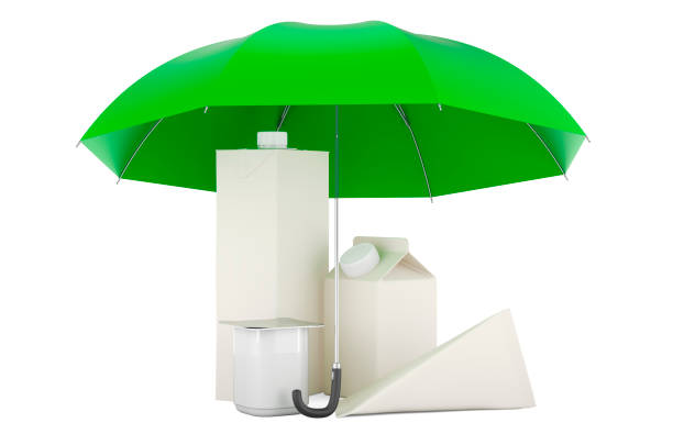 istock Packaging for dairy, juice products under umbrella, 3D rendering 1467955858