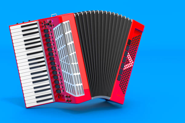 acordeón a piano sobre fondo azul, renderizado 3d - accordion fotografías e imágenes de stock