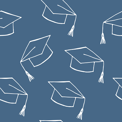 graduation cap seamless pattern hand drawn in doodle style. back to school background for wallpaper, wrapping paper, textile. minimalism, monochrome, Scandinavian