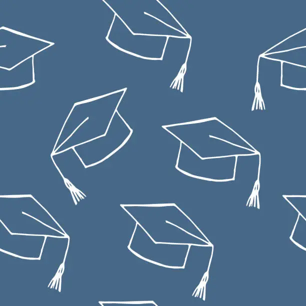 Vector illustration of graduation cap seamless pattern hand drawn in doodle style. back to school background