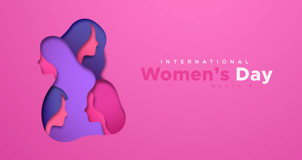 Women's Day pink paper cut woman face card Happy Women Day greeting card illustration of 3D papercut female group faces. Pink cutout with paper craft young woman team for international women's equality event. woman on colored background stock illustrations