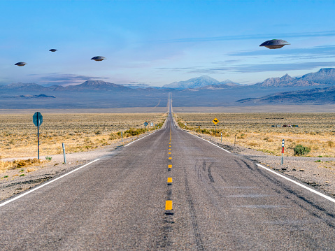 UFO Flying Saucers over the Extraterrestrial Highway in Rachel Nevada near Area 51.