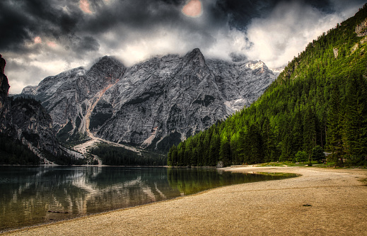 beautiful image of lake braies in trentino alto adige, in the unesco heritage dolomites. a morning in the summer of 2018