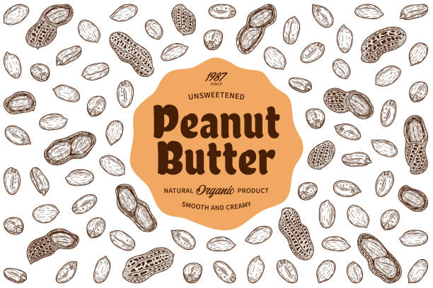 Peanut butter label, peanut seeds and shells icons vector art illustration