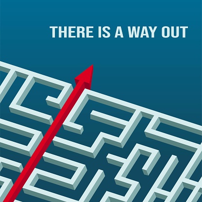 3D labyrinth or maze. Short way arrow. Solution concept. Business break. Success reward. Straight route. Line puzzle about innovation. Problem decision. Path direction. Vector flat tidy illustration