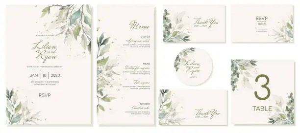 Vector illustration of Big set of templates for rustic wedding ceremony with leaves Invitation, menu, cards, sticker, tag. Vector